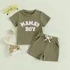 Ensembles de vêtements bébé garçon 2 pièces tenues gaufrées col rond manches courtes lettre broderie hauts taille élastique shorts enfant en bas âge mère ensemble