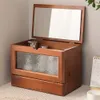 1pc Vintage Wooden Cosmetic with Mirror for Home, Large Capacity Desktop Perfume Box, Wood Cosmetics Skincare Products Storage Box