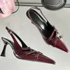 Dress Shoes Fashion Metal Buckle Ladies Heels Female Slingbacks 2024 Pointed Toe Pumps Women High Wine Red Footwear