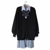 Preppy Style Class Student Japan JK High School Mundur Winter Black V-Neck Cardigan Gray Plated Squirt Shirt Suits T7VK#