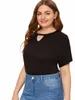 Camiseta Information de Manga Corta Para Mujer ، Tops Holgados C Abertura frtal en Negro Liso ، Talla Grande 6XL 7XL 93GV#