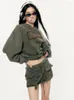 Arbetsklänningar Reddachic Retro Green Hooded Sweatshir kjol Kvinnor 2-stycken Set Pocket Graphic Print Hoodies Top Cargo Miniskirt Casual