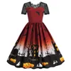 Женская одежда на Хэллоуин в стиле Хепберн, винтажное кружевное платье с круглым вырезом и коротким рукавом с принтом, большое свободное платье