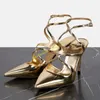 Kleid Schuhe Gold Metallic High Heels Spitze Zehen Knöchelriemen Pumps Kreuz Dünne Ferse Runway Fashion Solid