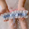 Blue Wedding Garter bruidsdouche bruid kanten bloemen rhineste boog sexy dames dames been kousenband ring f7au#