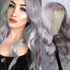 nxy vhair wigs rongduoyi wave合成中央部分スライバーグレーレースフロントウィッグ耐熱性灰色の髪の正面コスプレ使用240330