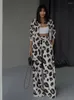 Kvinnors tvåbitar byxor mode leopard tryckt skjorta byxor passar kvinnor 2024 Spring-down krage Långärmade skjortor Slim Female