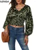 Blusas femininas vonda camisas femininas 2024 sexy leopardo impresso festa topos moda longa lanterna manga blusa outono boêmio