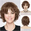 Perucas sintéticas cabelo marrom curto encaracolado peruca para mulheres meninas muito doce penteado com franja diário cosplay festa casual 240306 drop del ot0ds