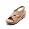 Casual Shoes Low Sandals Woman Leather Lady 2024 Large Size Cross Summer Heels Open Toe Suit Female Beige Breathable Clogs Wedge Low-he