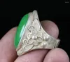 Decorative Figurines 3CM Rare China Miao Silver Green Gems Bat Flower Jewelry Finger Ring