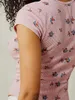 T-shirts pour femmes Lairauiy été Vintage mince culture hauts à manches courtes boutonné col en U imprimé fleuri ourlet irrégulier T-shirt ajusté