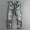 Jeans masculinos vintage para fazer homens lavados velhos corte tridimensional pequena versão reta do jovem retro todas as calças de jogo