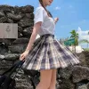 Japansk sexig skola rutig sjöman a-line midja veckad hög tjejdräkt mini uniformer p27d#