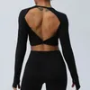 Camisas ativas sexy sem costas manga longa roupas de yoga estiramento ginásio treino topo feminino correndo secagem rápida roupas esportivas femininas volta cruz esportes