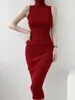 Womengaga franska turtleneck ärmlös stickad klänning kvinnor hösten smal hög midja mid längd smal höft wrap klänningar toppar dh8g 240319