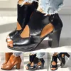 Sandals Ladies Vintage Solid Color Leather Open Toe Shoes Back Zip Chunky High Heel Summer Fish Mouth