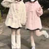 Damesjassen Zoete Leuke Strik Lace-up Oren Capuchon Pluche Midi Jas Vrouwen Japanse Losse Slanke Witte Kawaii Winterkleding