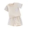 Set di abbigliamento Abiti estivi per bambine Completi a scacchiera Patchwork Girocollo T-shirt a maniche corte e pantaloncini elastici in vita