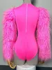 luxury show Bar Nightclub Performance Pink Stage Dance Bodysuit Large Fur Shiny Leather Singer Costume U942#