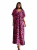 2024 Summer Red Printed Stripes Sexy v Neck Beach Kaftan Dr Plus Size Women Clothing Boho Short Sleeve Maxi Dres Q1609 X4BO#