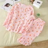 Mulheres sleepwear primavera e outono senhoras algodão crepe pijamas calças de mangas compridas 2 peças bonito bordado fresco serviço de casa terno d otpm7