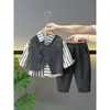 Clothing Sets Spring Winter Fashion Boys Gray Casual Kids Knit Korea Vest Stripe TShirt Pants Children 3Pcs Suits