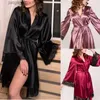 Sexy Set Two Pieces Women Silk Stain Lace Sexy Nightdress V-Neck Nighty Long Sleeve Printed Lingerie Robe Pajamas Sleepwear Y240329