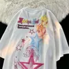 Harajuku dessin animé japonais étoiles volantes mignon graphique t-shirts Preppy adolescent Kawaii Tee coton matériel été hauts lâche décontracté 240325