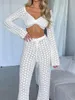 Wsevypo évider Crochet tricot pantalons ensembles femmes décontracté deux pièces tenue voir à travers manches longues culture hauts taille haute pantalons longs 240328