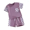 Set di abbigliamento Abiti estivi per bambine Completi a scacchiera Patchwork Girocollo T-shirt a maniche corte e pantaloncini elastici in vita