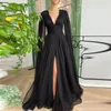 Robes de soirée robe de bal en tulle noir sexy col en v dentelle appliques manches a-ligne haute fente latérale robe d'occasion formelle