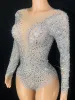 Födelsedagsdräkt Rhinestes LG Sleeve Mesh Transparent Bodysuit Sexig Dance Costume Club Leotard Stage Wear U0J7#