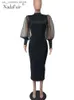 Abiti casual di base Naair Mesh Puff Abiti lunghi a maniche lunghe Sexy Bodycon Donna Autunno Inverno Nero Abito longuette da festa Caldo elegante aderente Club fessura 2023 T240330