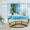 Shower Curtains White Window Ocean Landscape Beach Palm Tree Sea Wave Boat Hawaiian Scenery Fabric Bath Curtain Bathroom Decor