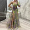 Tiedye Print Offshoulder Dress Formal Evening Elegant One Shoulder Ball Gown with Mesh Bubble Sleeve Split Hem 240329