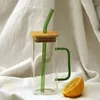 Wine Glasses 4pcs Set Drinking With Bamboo Lids And Glass Straw - 13.52oz Can Shaped Cups Beer Iced Coffee