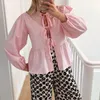 Women's Blouses Hirigin Y2K Babydoll Tops For Women Front Tie Puff Sleeve Peplum Bandage Lace Up Ruffle Hem Shirts Cute Summer