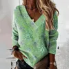 女性用ブラウスルーズフィットTシャツ秋のヴィンテージパターンプルオーバートップカジュアルストリートウェア用のVネックスウェットシャツ3年