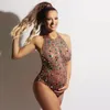 Bühne tragen sexy transparente bunte Strasssteine Bodysuit Frauen Nachtclub Mesh Crystal Leotard Performance Tanzkostüm