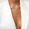 Drop Ship 925 Sterling Silver Rose Gold Silver kleur Geometrisch verschillende gevormde CZ Stone sexy lange y lariat ketting voor vrouwen