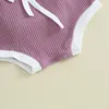 Zestawy odzieży Blotona Baby Girls Letnie stroje kontrastowe kolory żebrowane z krótkim rękawem romper i szorty urocze opaska na głowę 3 sztuki ubrania 0-18m