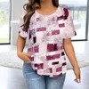 Blouses Femmes Femmes T-shirt Tee Top Élégant Chemise d'été Collection O-cou Coupe ample Blouse d'impression carrée Légère pour le travail