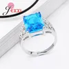 Cluster Rings Big Africa Blue Zircon Rectangle med dubbla söta blommor Kvinnsmycken 925 Sterling Silver Quality Girls Ring