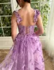 Oeing Pastrol Purple Prom Dres Fairy Spaghetti Strap 3D Butterfly Tea Length Party Dr for Women Lace Up Back Invinding Gowns M00X＃