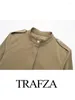 Arbeitskleider TRAFZA Frühlingsanzüge Frau 2024 Trendy Solide O-Ausschnitt Lange Ärmel Taschen Reißverschluss Jacken Hohe Taille Gürtel Dekoration Plissee
