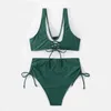 Mulheres Swimwear Europeu e Americano Cor Sólida Dividir Saco Torcido Lace Up Oco Biquíni Sexy Cintura Alta Maiô Elástico