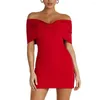 Dames mode Bow Slash Nack rouge Mini robe moulante hanche enveloppé épaule dénudée Sexy robe mince fête Festival robes pour les femmes