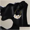Boucles d'oreilles créoles pliées acrylique fleur blanche en acier inoxydable rond charmant doux floral camélia filles oreille bijoux cadeau top drop d otmvg