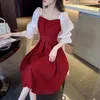 Casual Dresses French Solid Color Dress for Women Short-Sleeve Summer Lace-Up midja Långt modemedlem